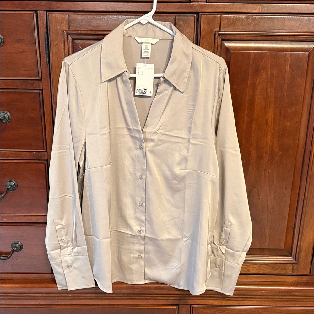 H&M Satin Champagne Colored Button-Up Shirt, Large NWT